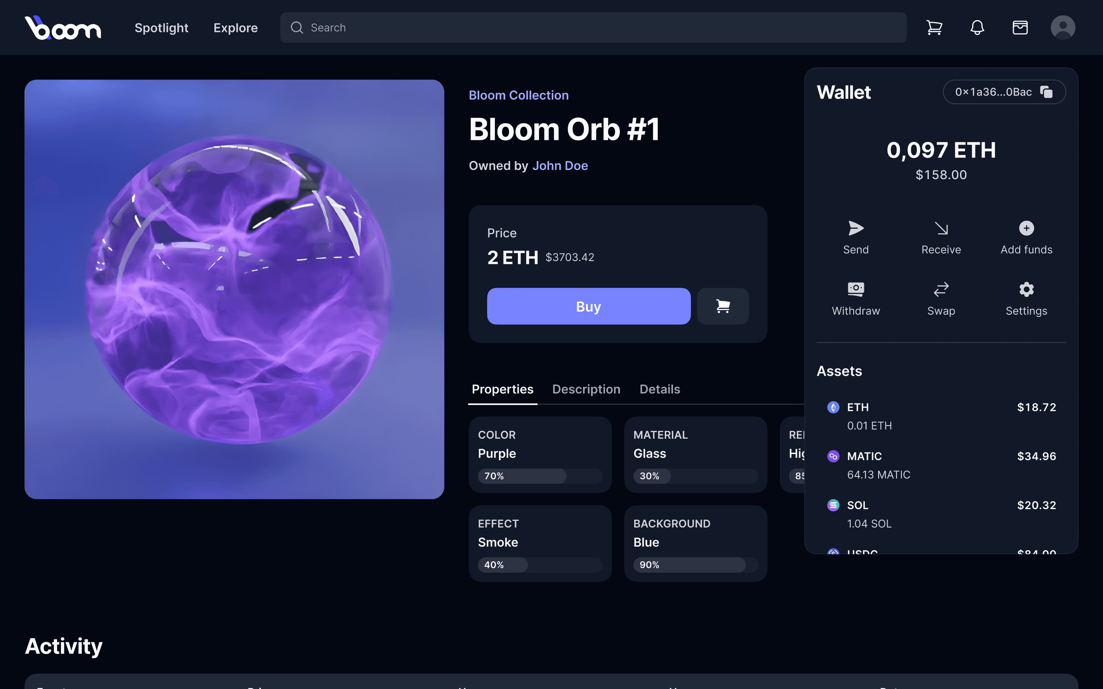 Interface d'achat d'un actif et transfert vers le wallet