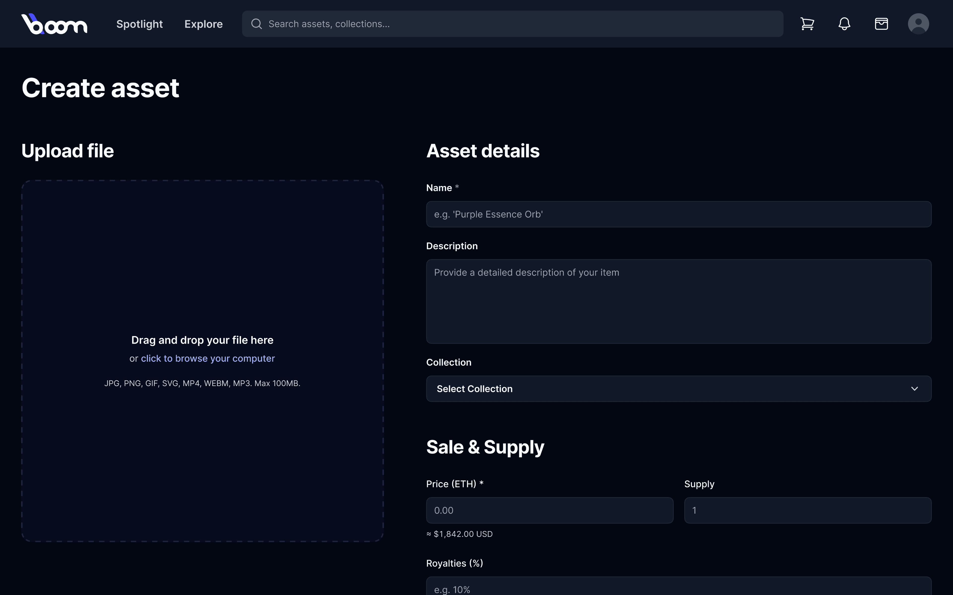 Interface de création d'un actif numérique sur Bloom