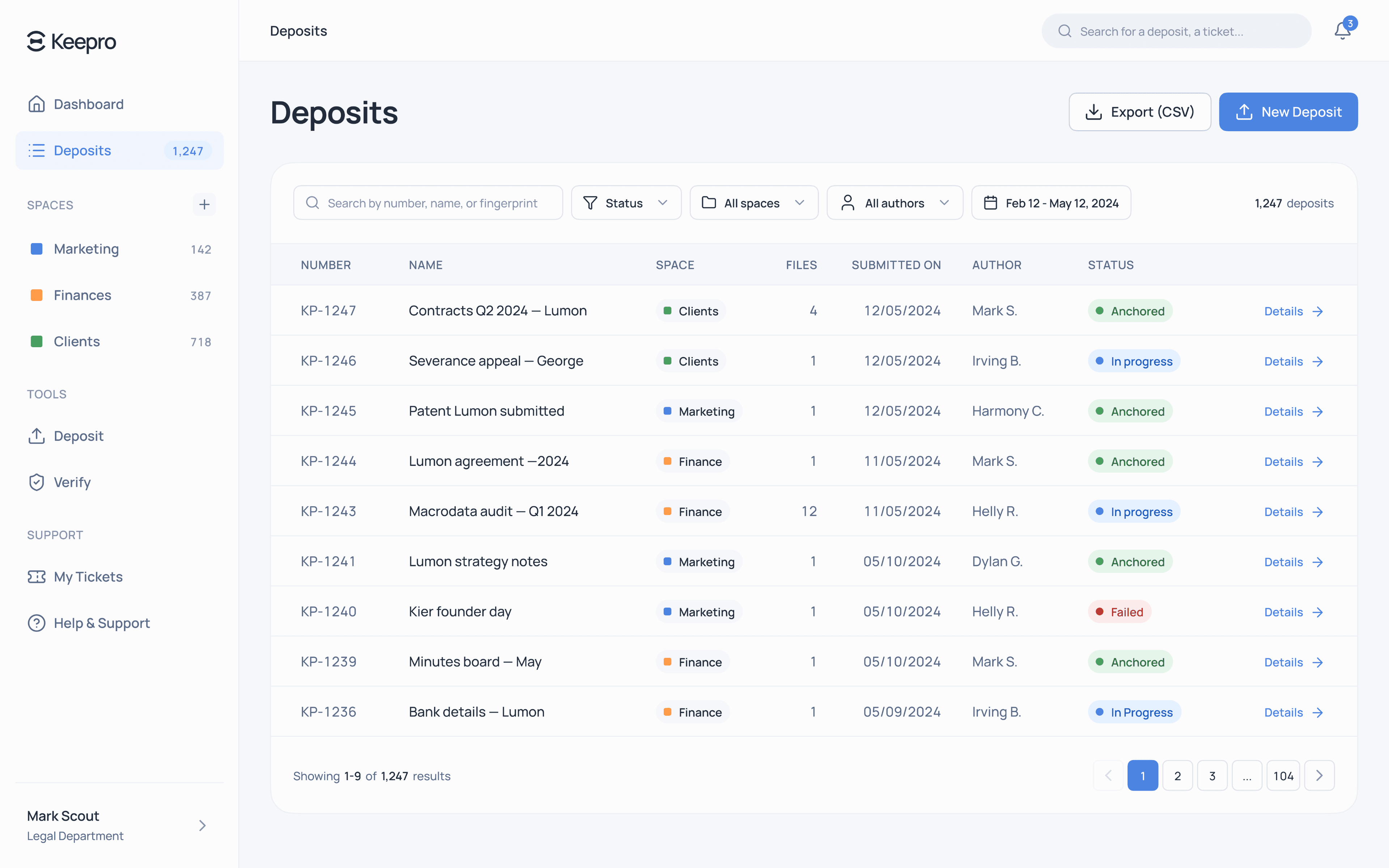 Keepro — vue liste des dépôts certifiés