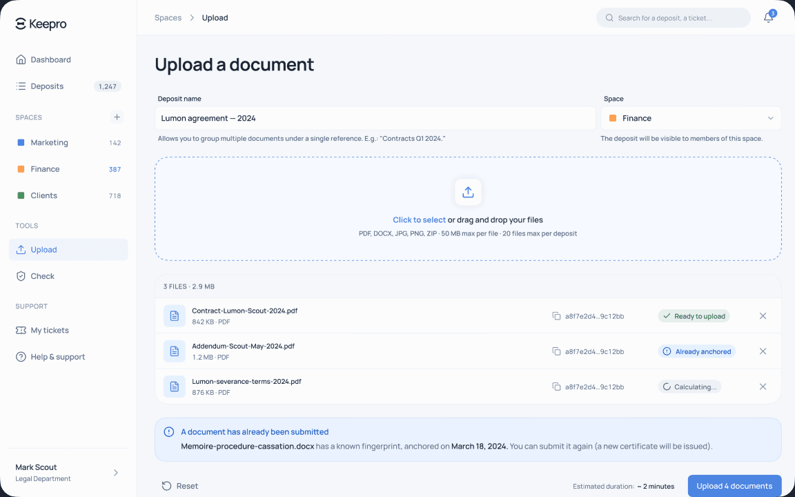 Tunnel de dépôt Keepro — upload de documents avec estimation du temps