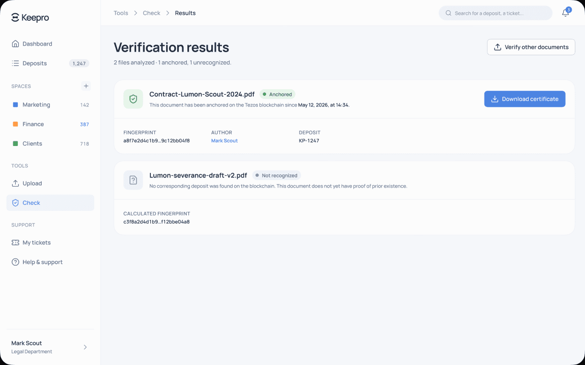 Résultats de vérification Keepro — statut visuel d'authenticité des documents