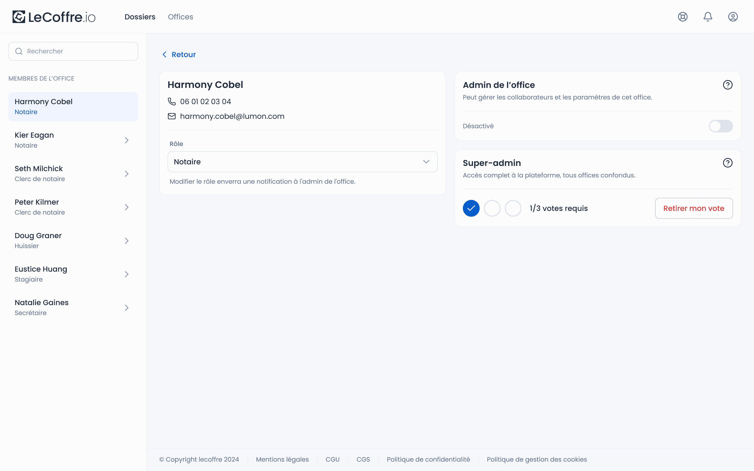 Interface espace admin LeCoffre — gestion des permissions et système de vote