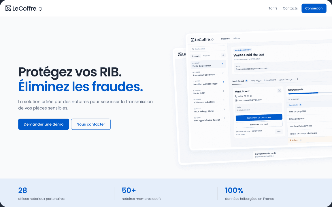 Interface LeCoffre.io — collecte et vérification de documents notariaux