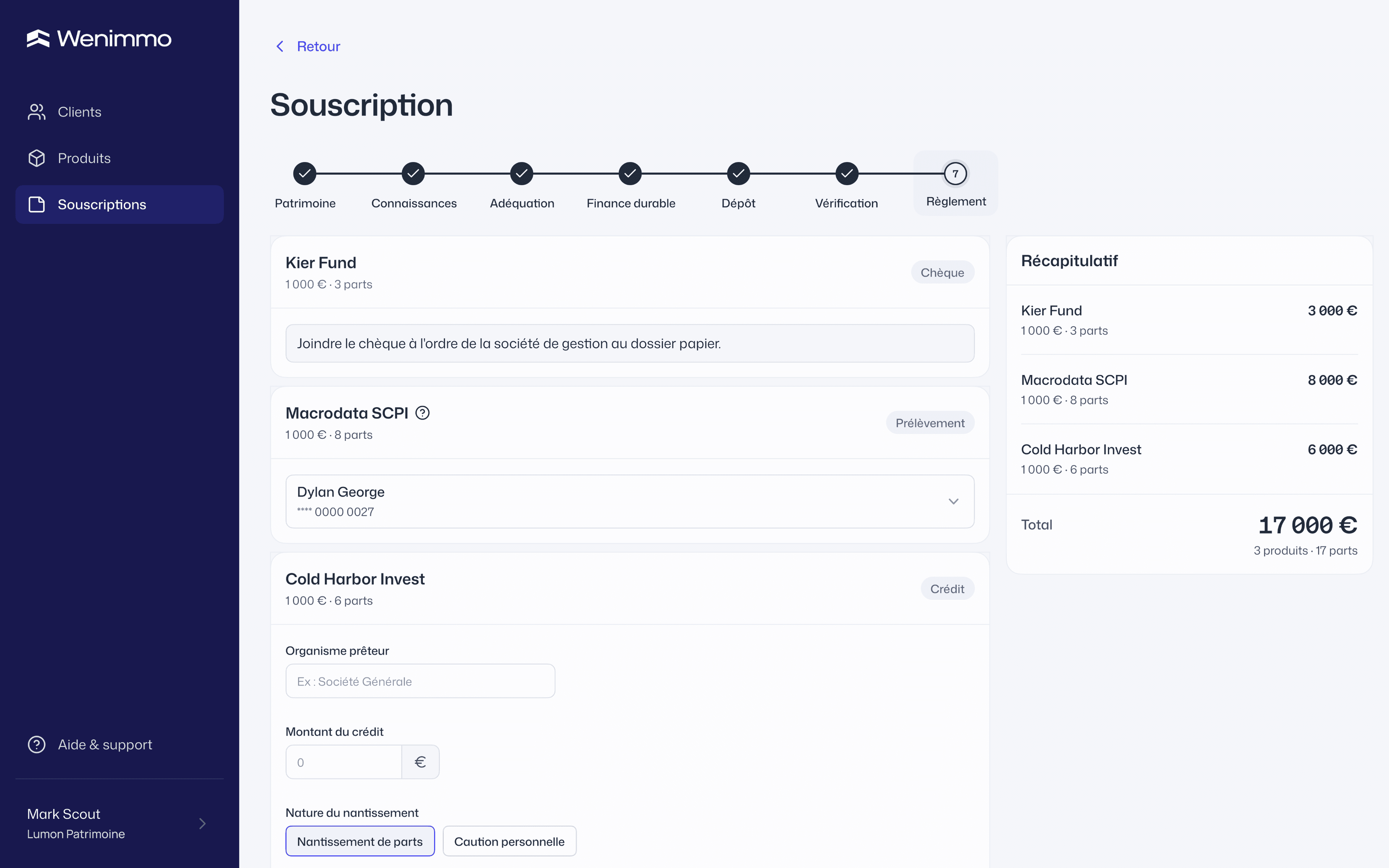 Interface Wenimmo — tunnel de souscription CGP