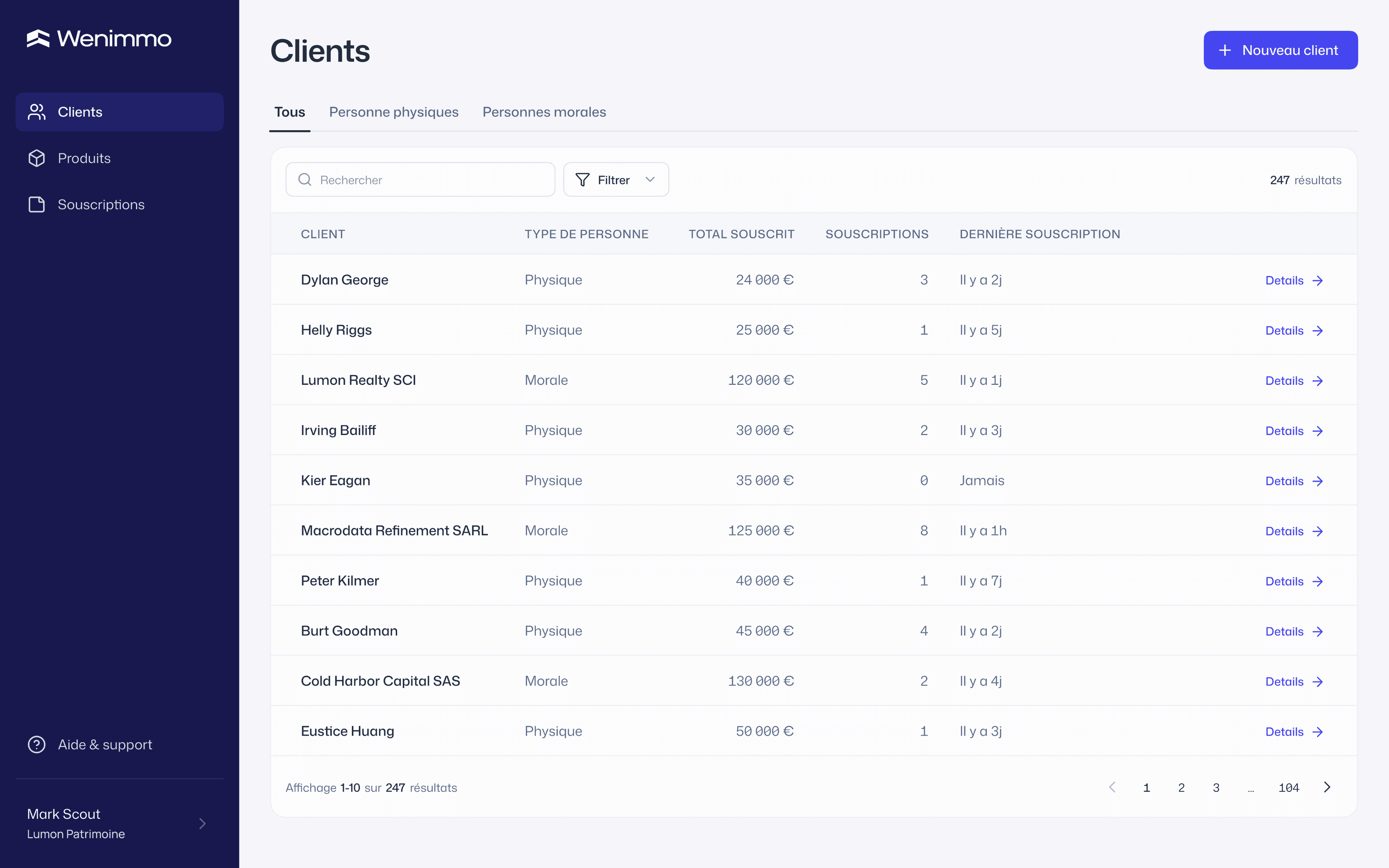 Interface Wenimmo — liste des clients CGP