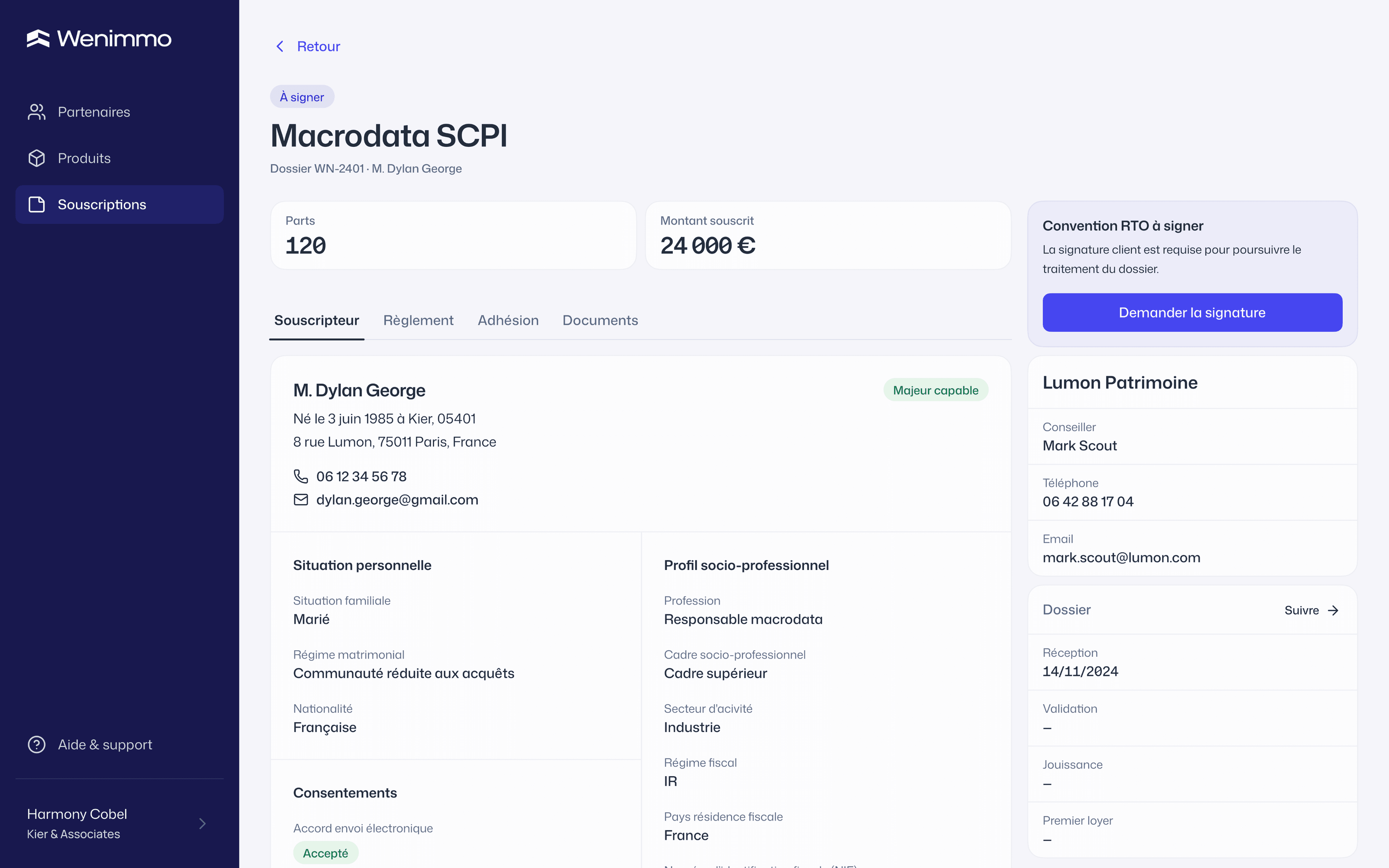 Interface Wenimmo — vue dossier Middle Office